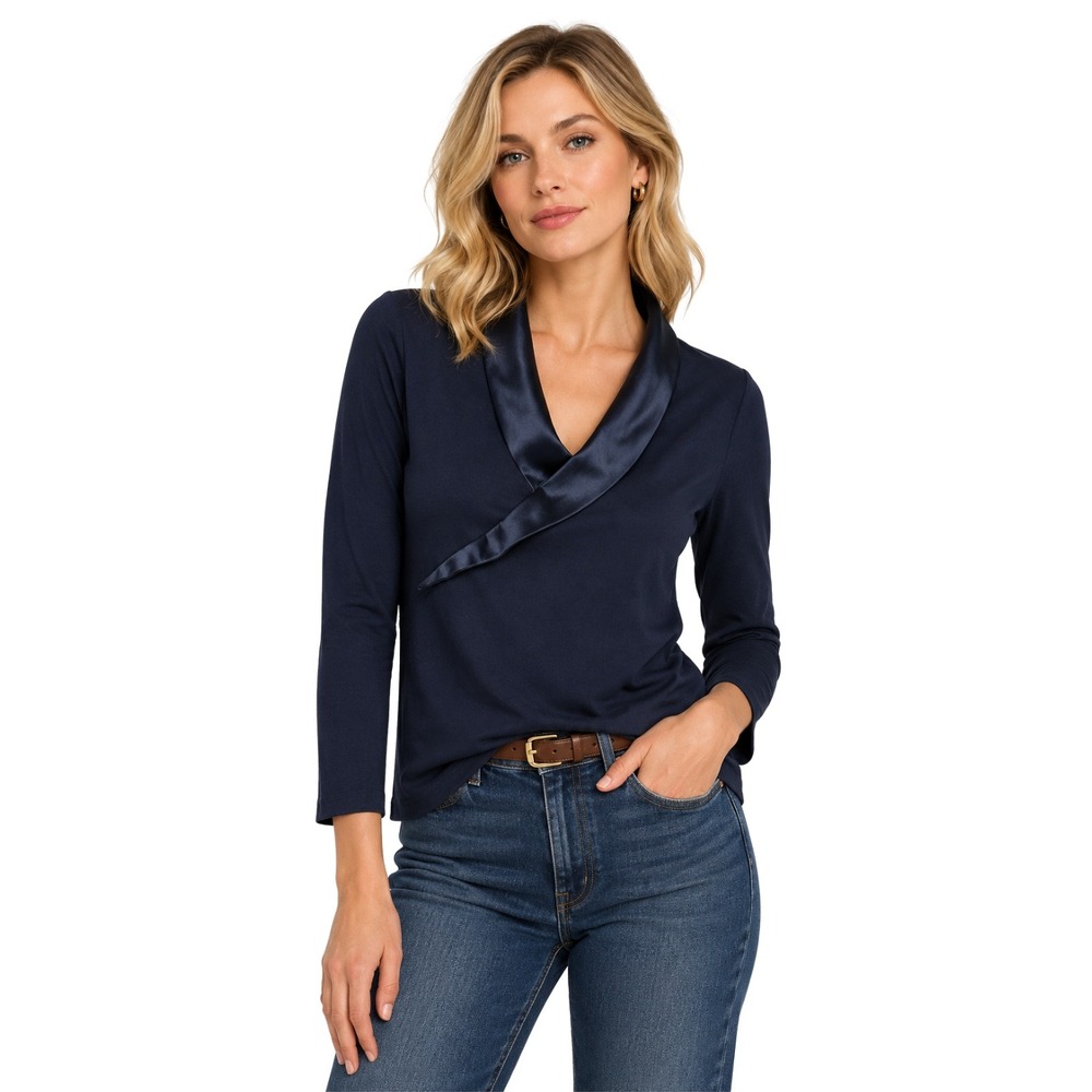 Temperley London Top Womens Small Blue Satin Collar Knit Blouse Quiet Luxury